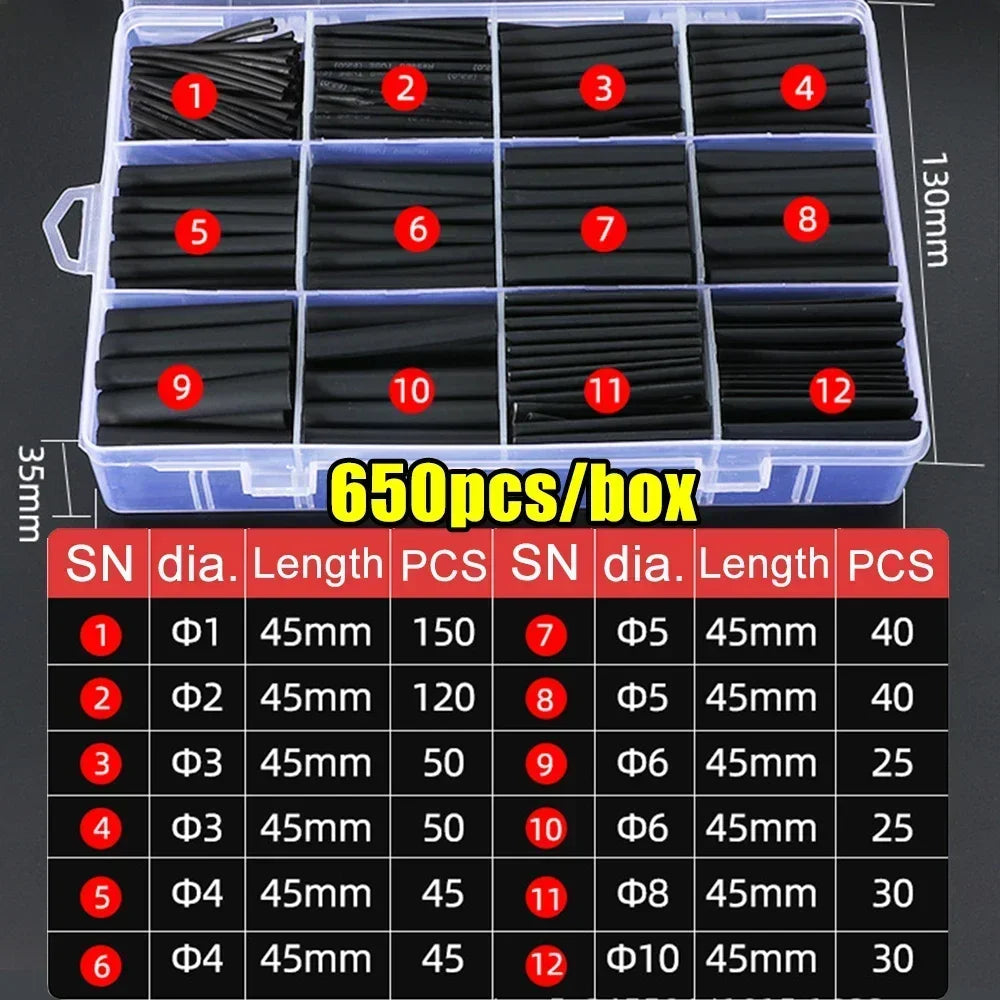Thermal-Activated Cable Sleeve Shrinkable Wire Protector Kit Insulation Tubes for DlY Proiects Automotive Electronics Repair Oasis Select Black- 650pcs(box) Mixed-size