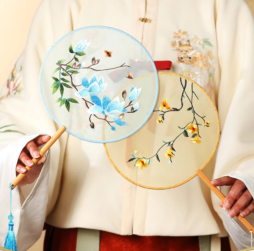China Fan Wholesale Semi-Transparent Long Handle Tassel Dance Fan Female Costume Hanfu Cheongsam Embroidery Small Round Fan Oasis Select