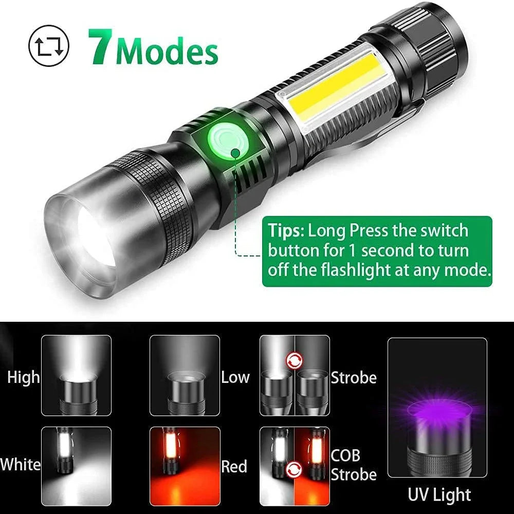 3-in-1 UV LED Flashlight USB Rechargeable 7 Modes 1000 Lumen