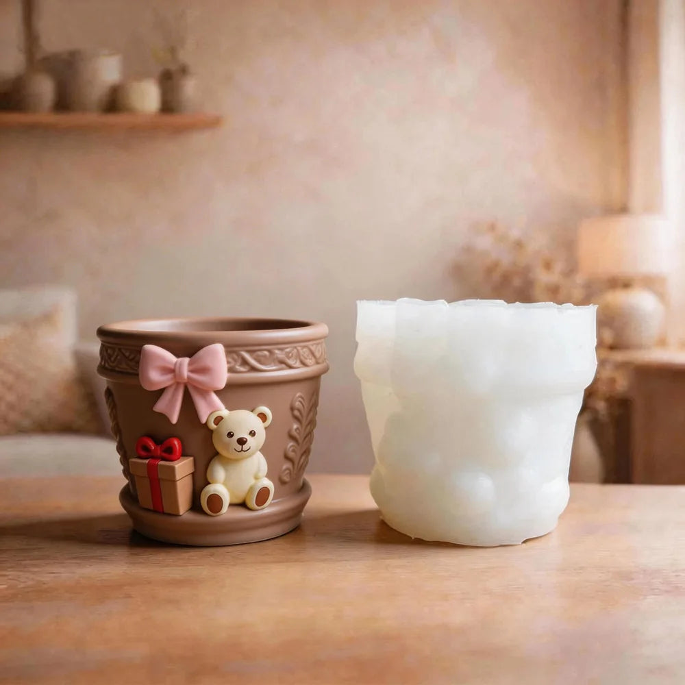 Cartoon Bear Scented Candle Cup Silicone Mold Cute Bear Bow Plaster Succulent Flower Pot Mold Oasis Select