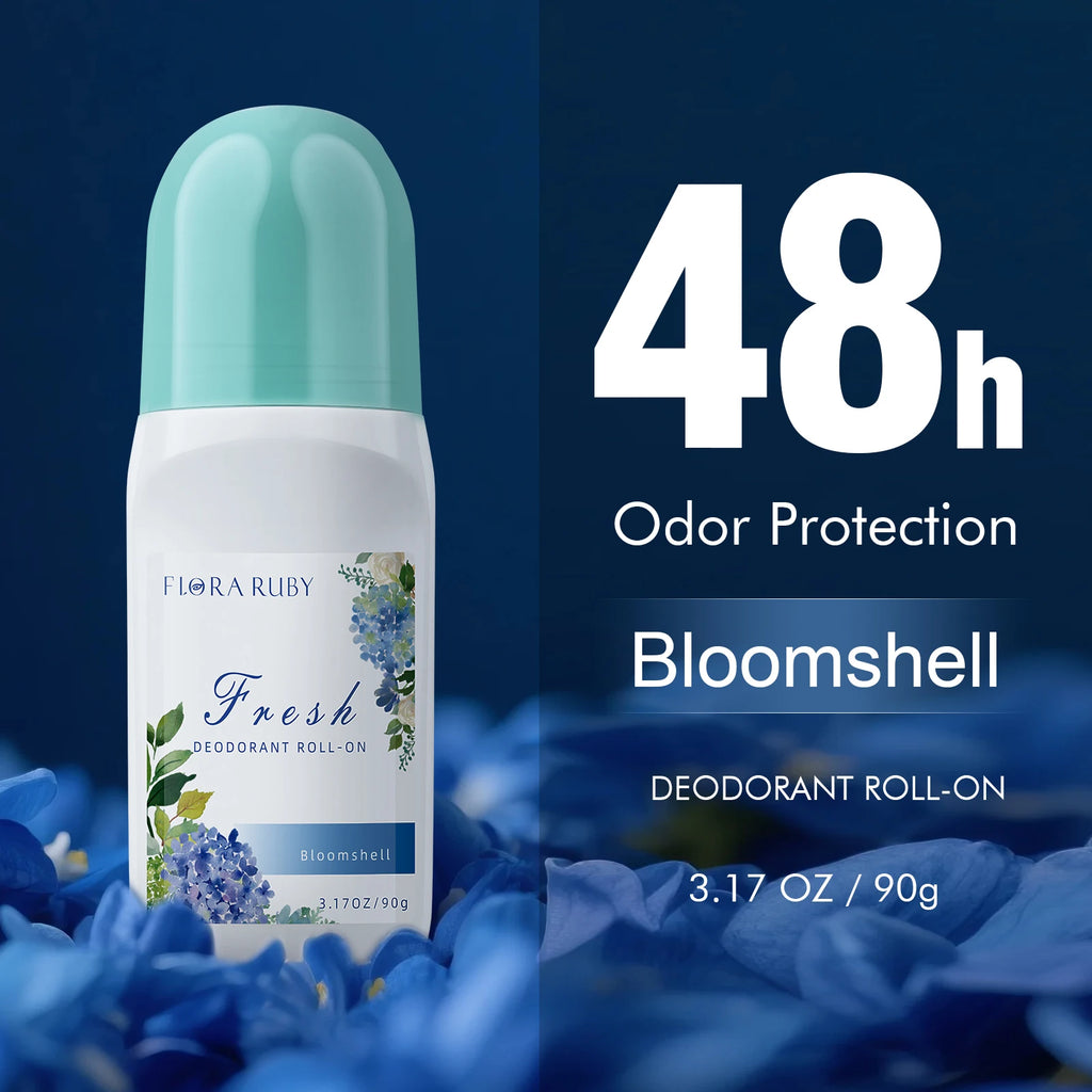 Flora Ruby Aluminum Free Deodorant Roll On 48h Odor Protection Stick, 4.3 OZ Each, Fade off Odors, Underarm Deodorizer Oasis Select Bloomshell
