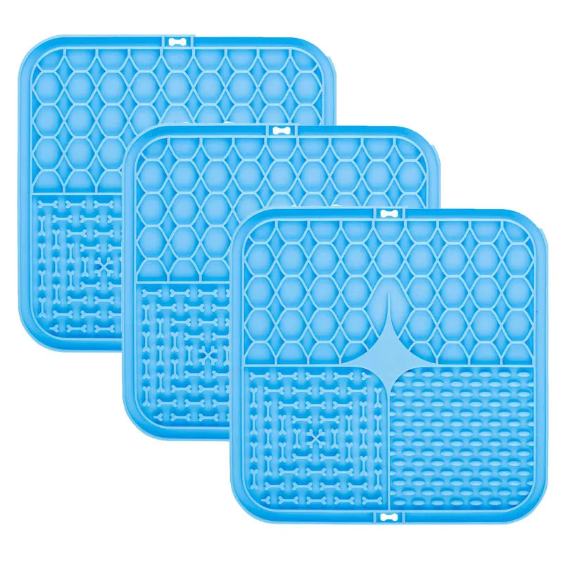 Food Grade Silicone Pet Dog and Cat Anti-Choking Slow Eating Tableware Tray Licking Mat Licking Plate Pet Yogurt Placemat Oasis Select blue-3pcs 15.5cmX15.5cm