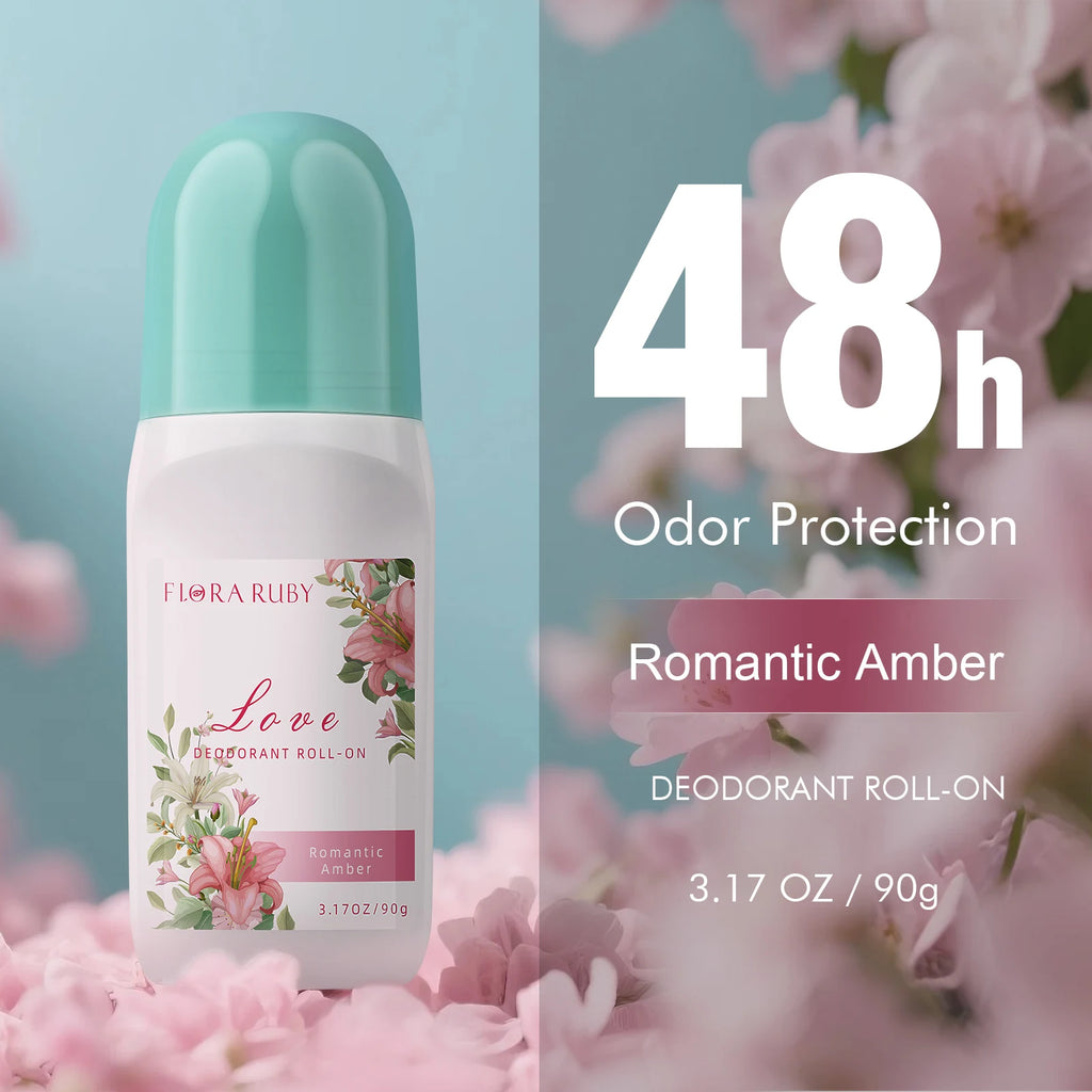 Flora Ruby Aluminum Free Deodorant Roll On 48h Odor Protection Stick, 4.3 OZ Each, Fade off Odors, Underarm Deodorizer Oasis Select Luscious Glace