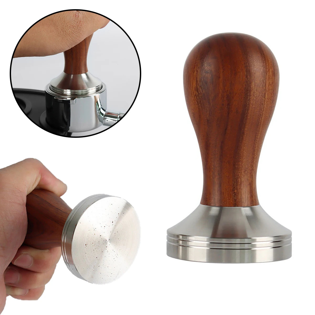 51/53/58mm Espresso Tamper for Semi-Auto Machines – Flat Stainless Steel Base, Wooden Handle Barista Tool, Suitable for baristas Oasis Select