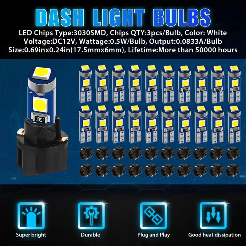 20Pcs 12V Canbus T5 58 74 286 W1.2W 3030 LED 3SMD Wedge LED Light Car Dashboard Instrument Panel Lamp Bulb Oasis Select
