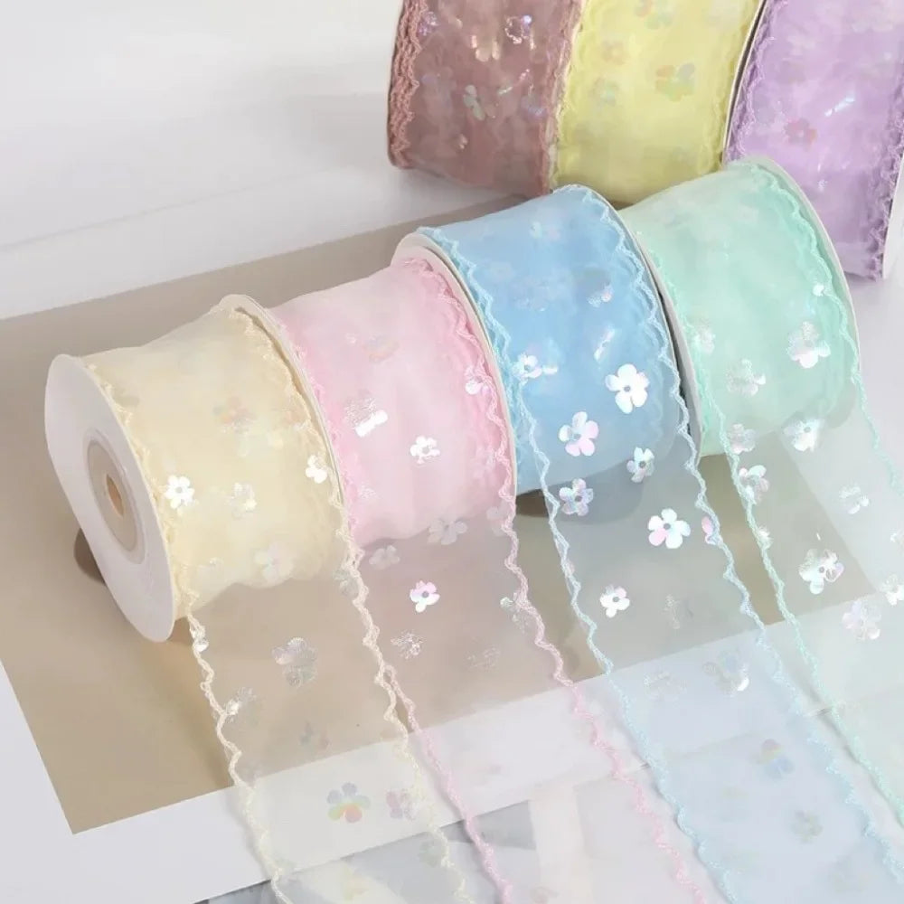 New 10 Yards Silk Ribbon Gift Wrapping Bouquets 4cm Gifts Packaging Material Wave Edge Pleated Chiffon Ribbon Oasis Select