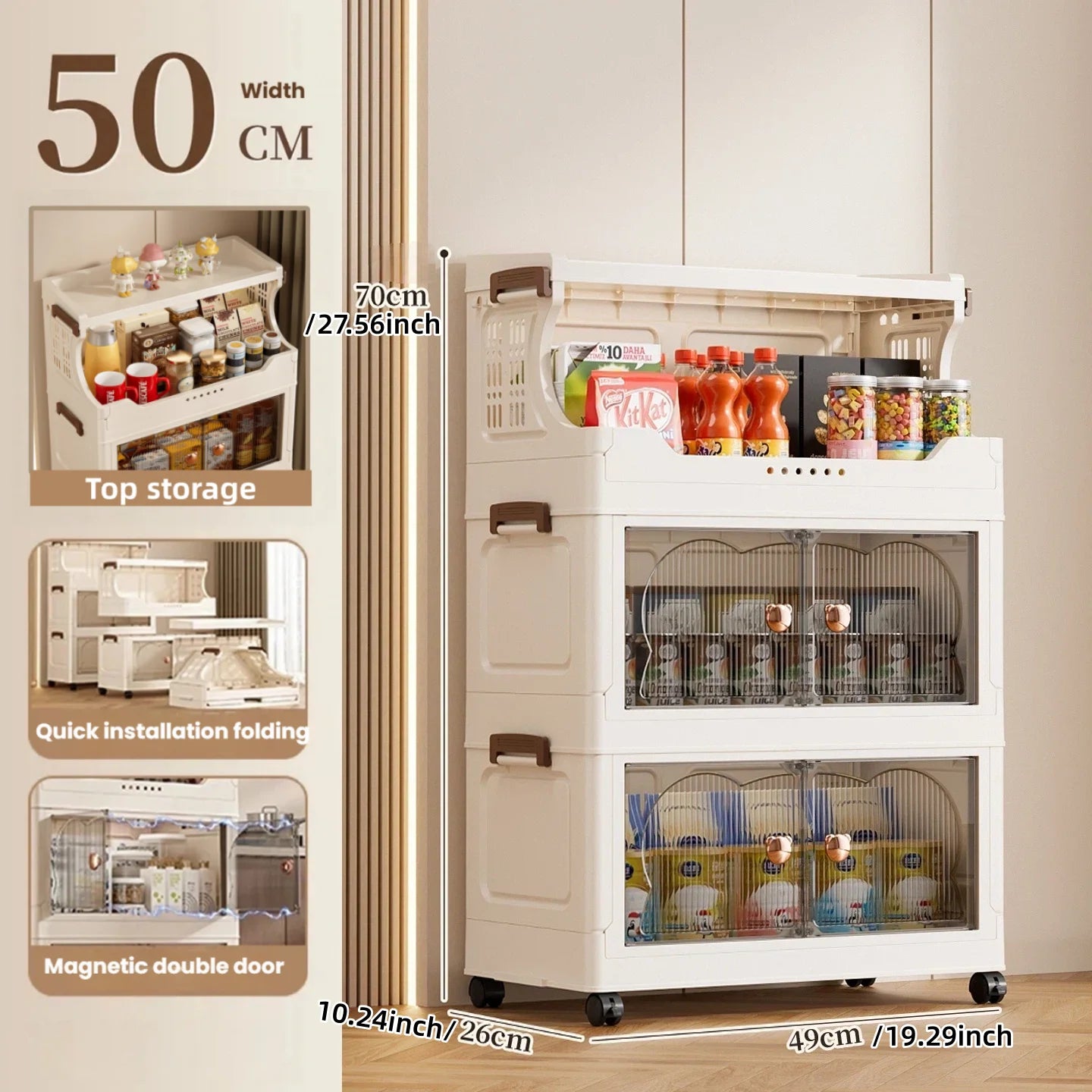 Folding storage cabinet - multi-level storage rack for kitchen clutter - home living room snack and toy storage cabinet Oasis Select 3 layers