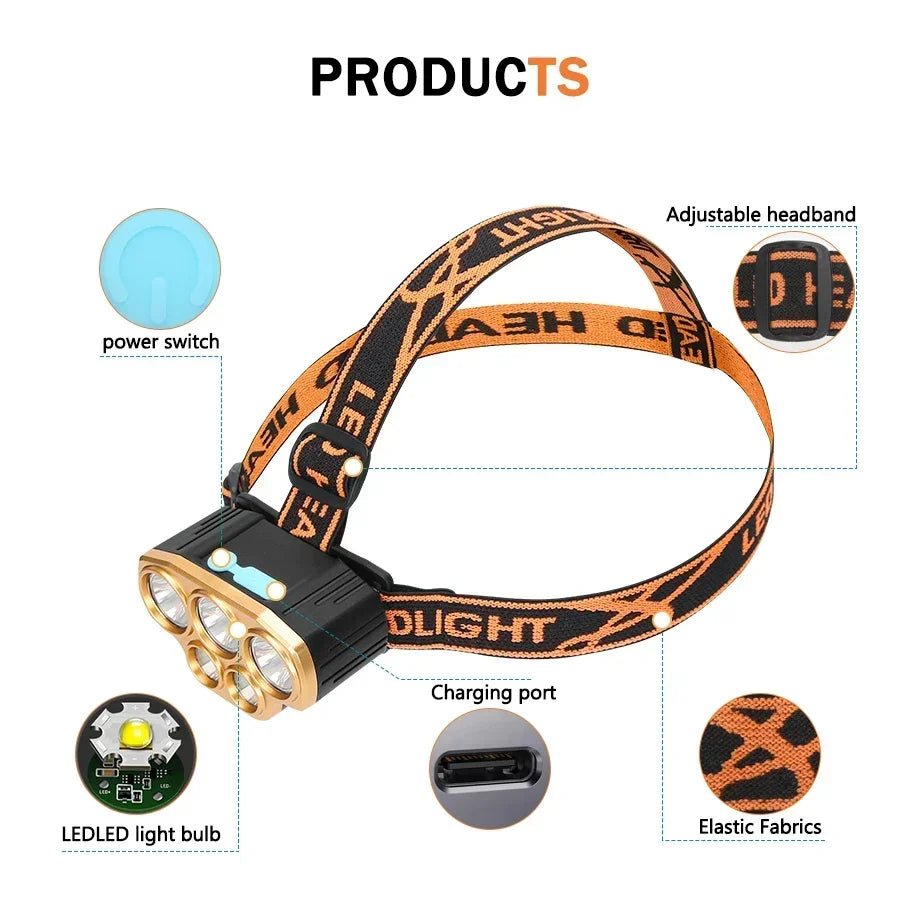 Rechargeable 5 LED Headlight Ultra Bright Powerful Waterproof Head Flashlight Head Torch for Outdoor Camping Running Lighting Oasis Select