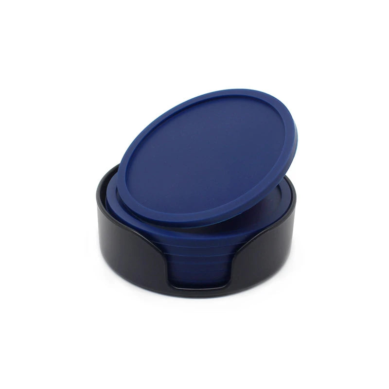 6-Piece Non-Slip Silicone Coaster Set – Round Cup Mats Silicone Coaster Set Oasis Select Navy blue 6 mat and 1 bracket Round