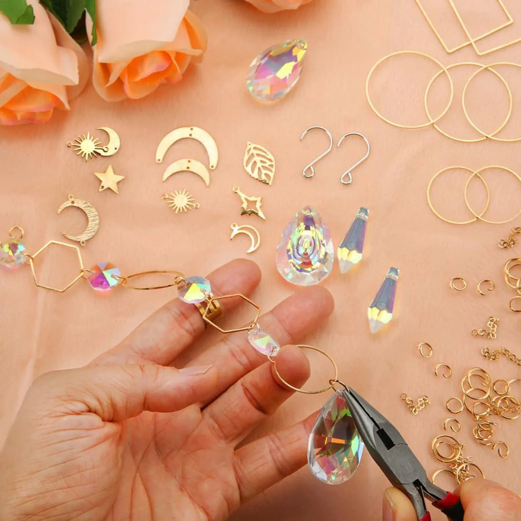 Crystal Suncatcher DIY Kit 200+Pcs Gold Jewelry Making Supplies with Prisms Tools Non-Toxic Boho Decor Gift Sensory Craft Gift Oasis Select