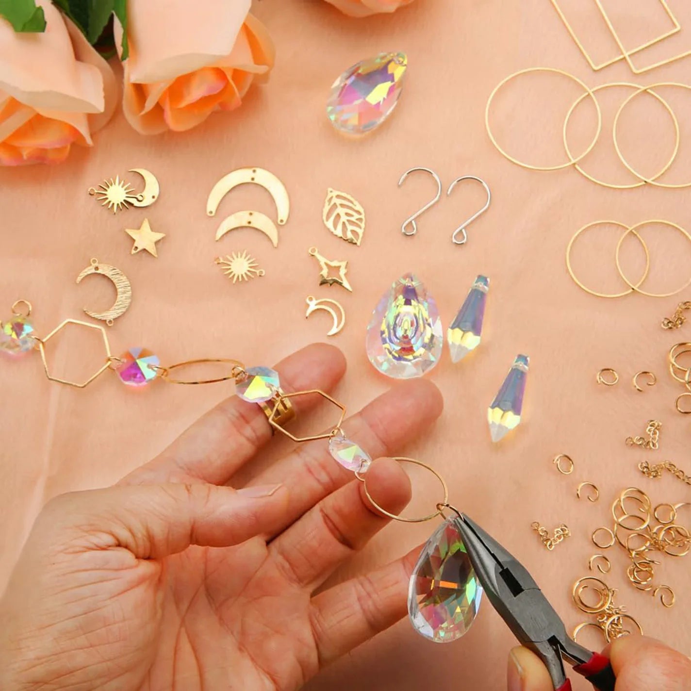 Crystal Suncatcher DIY Kit 200+Pcs Gold Jewelry Making Supplies with Prisms Tools Non-Toxic Boho Decor Gift Sensory Craft Gift Oasis Select