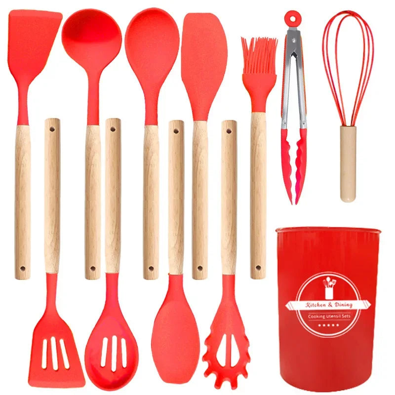 12Pcs Silicone Utensils Set Non-Stick Cookware Spatula Shovel Egg Beaters Wooden Handle Kitchenware Home Kitchen Cooking Tools Oasis Select Red 12Pcs