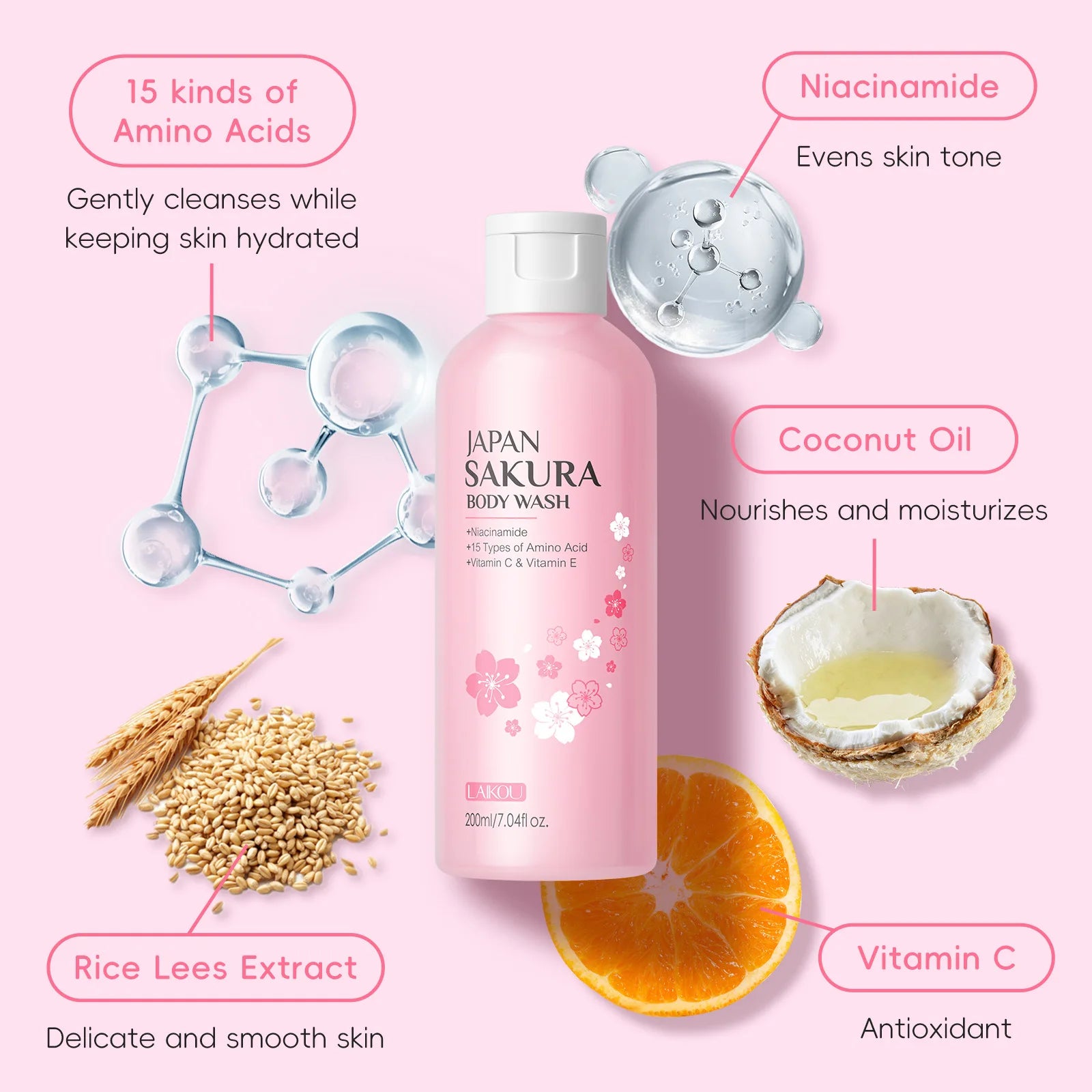 LAIKOU Sakura Shower Gel Long Moisturizing Smooth Long Lasting Fragrance Gentle Foam Body Cleansing Bath Product 100ml Oasis Select