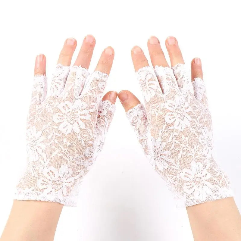 Lace Fingerless Gloves Women Elegant Breathable Bridal Wedding Party Cosplay Driving Fashion Accessory Oasis Select White