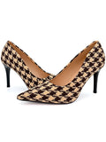 Women Vintage Coquette Houndstooth Heels 9cm Black Yellow Plaid Pointed Toe Pumps Office Party Shoes Non Slip Retro Fashion New Oasis Select 43 Houndstooth