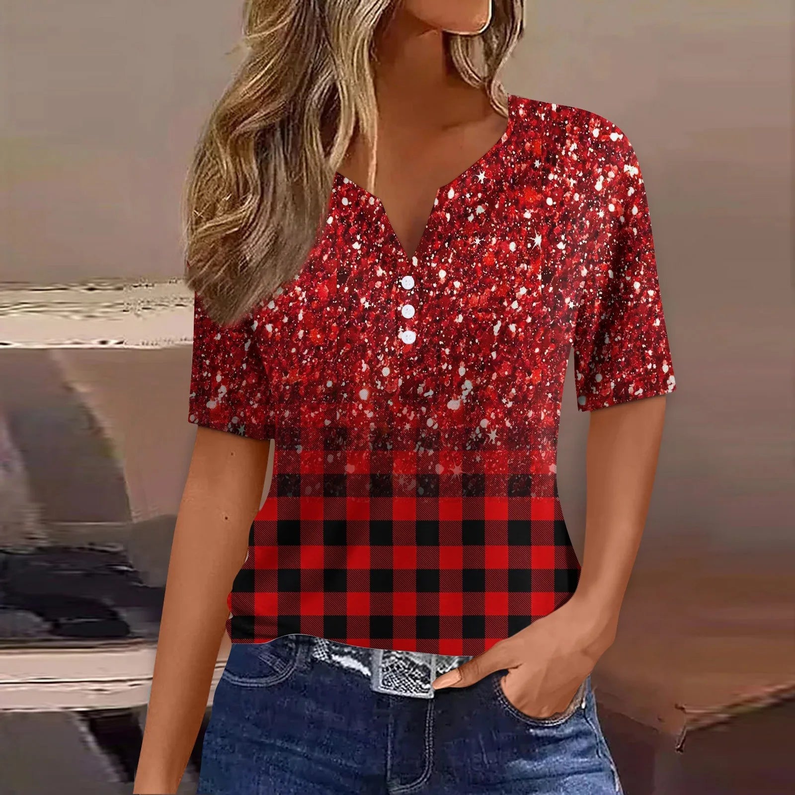 2024 Summer Patchwork T-Shirts Button Tops Womens Casual Short Sleeve Loose Ladies V-Neck Female Street Clothes Pullover Oasis Select Wine S