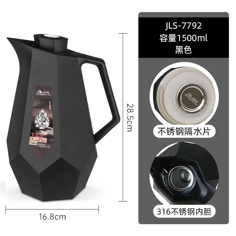 Nordic Wind Household Insulation Pot 316 Stainless Steel Vacuum Inner Liner European Hot Water Bottle Warm Pot Oasis Select black 1.5L