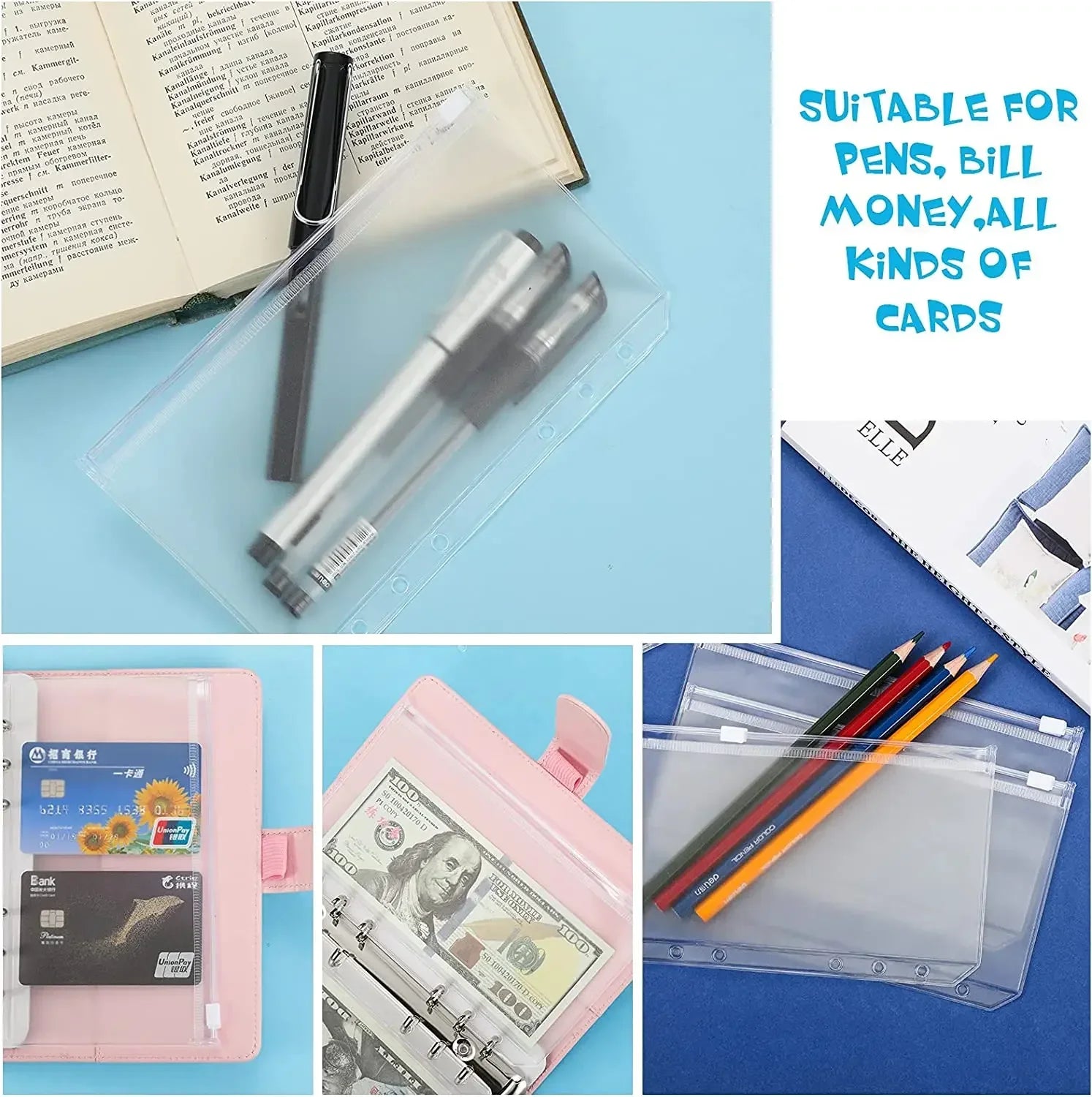 Binder Pockets A6 6-Hole Zipper Binder Pockets Waterproof PVC Cash Budget Envelopes Loose Leaf Bag For Binder Notebook Planner Oasis Select
