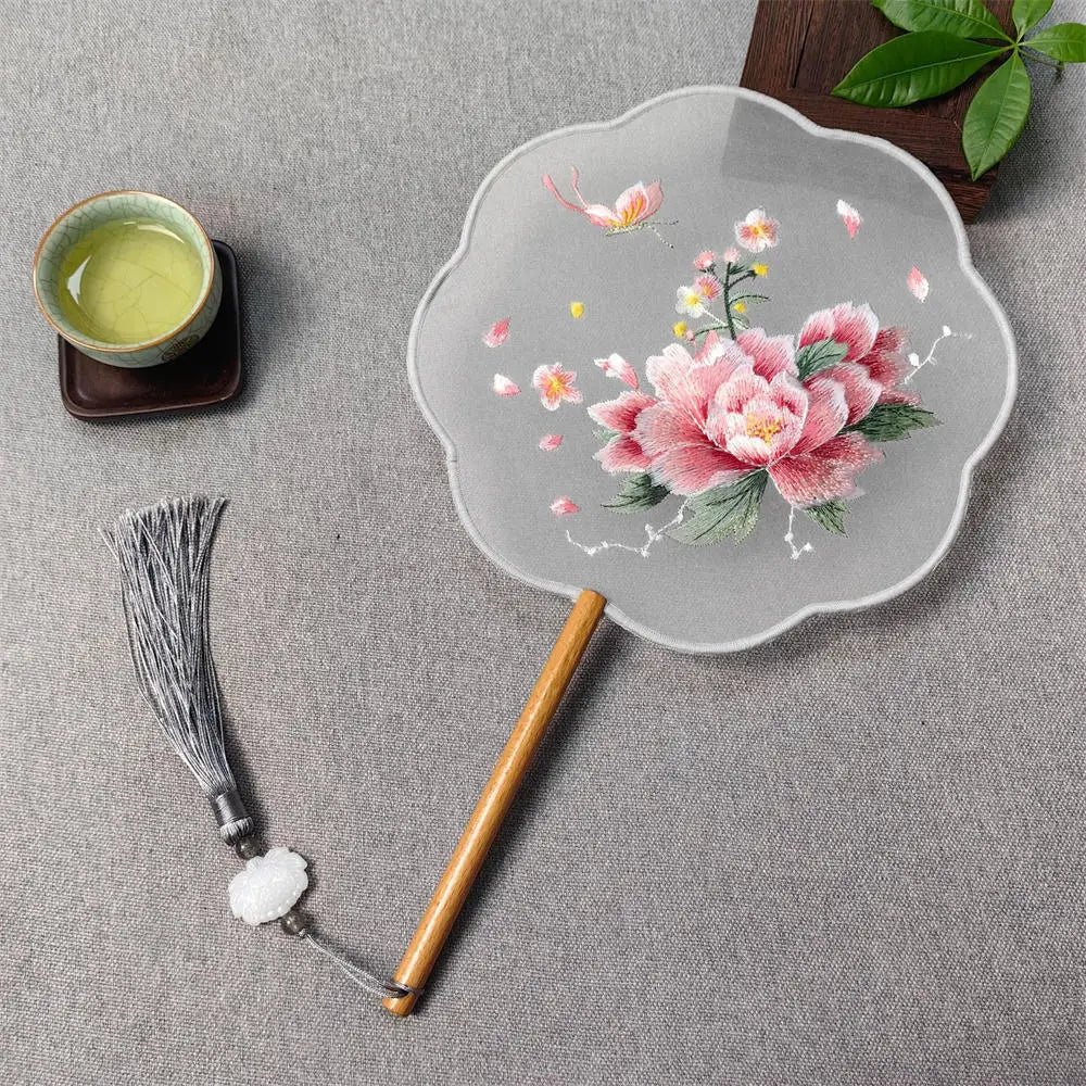 Chinese Style Silk Round Fan Double-sided Floral Embroidery Hand Fans with Tassel Summer Dance Fan For Women Wedding Home Decor Oasis Select 14