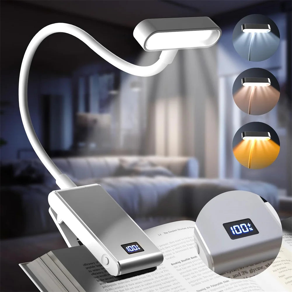 Aluminum Rechargeable Reading Light 3 colors 3 brightness Clip On Mini Book Light Small Read Night Lamp Study Reading Book Lamp Oasis Select White