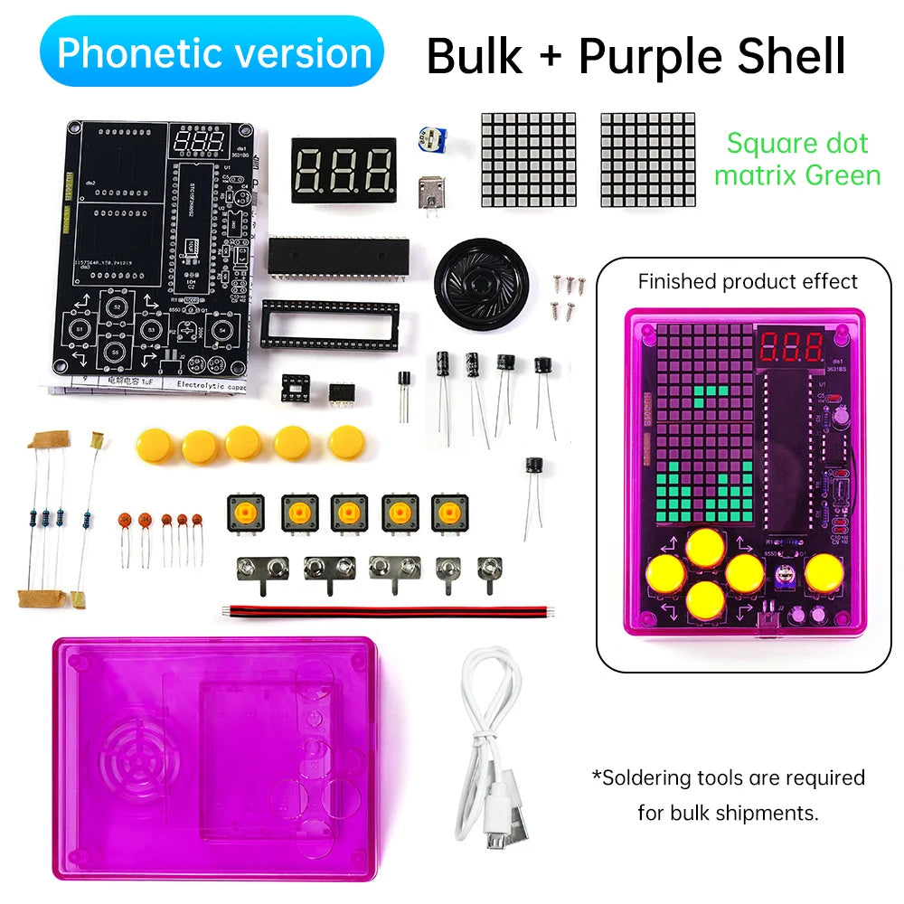 Upgraded DIY Game Kit Retro Classic Electronic Soldering Welding Tranning Set with Purple Blue Acrylic Case Mini Game Console Oasis Select Green Light