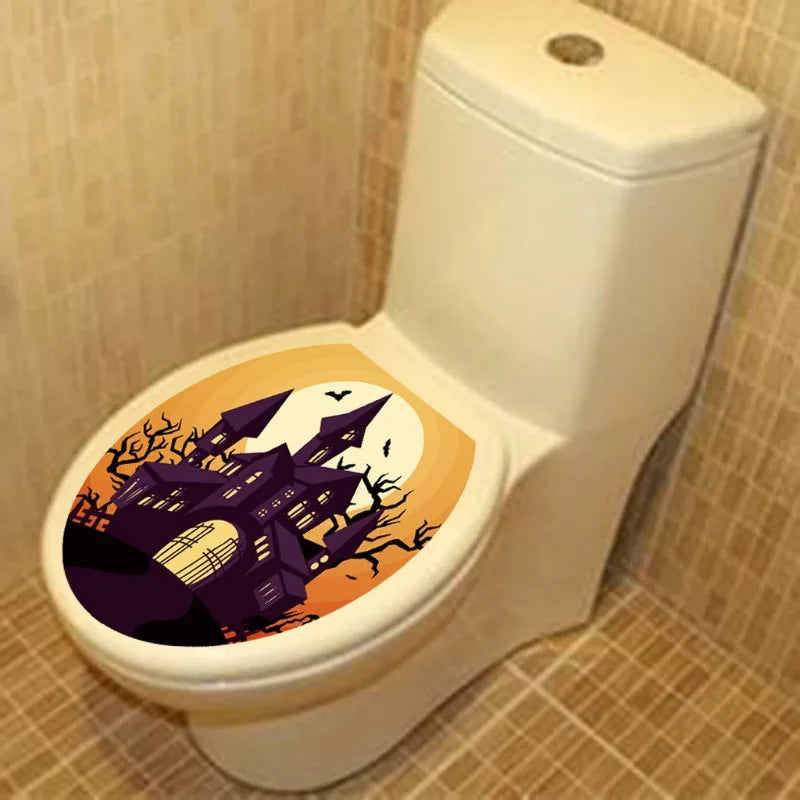 Halloween Toilet Lid Sticker Scary Pumpkin Haunted House Bathroom Decoration Wall Decals Poster Party Decoration Self Adhesive Oasis Select