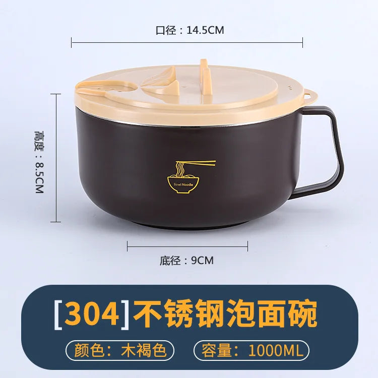 1000/1300ML Ramen Bowl 304 Stainless Steel Noodle Bowl with Lid Heat Resistant Instant Noodles Bowls Cooker Kitchen Tableware Oasis Select 1000ML-Brown