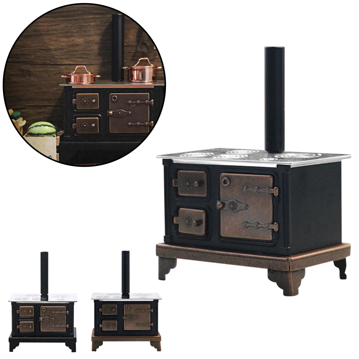 Vintage Cast Iron–Style Stove with Long Chimney – 1:12 Miniature Range for Dollhouse, Fairy Garden & Micro Landscapes, Alloy Oasis Select