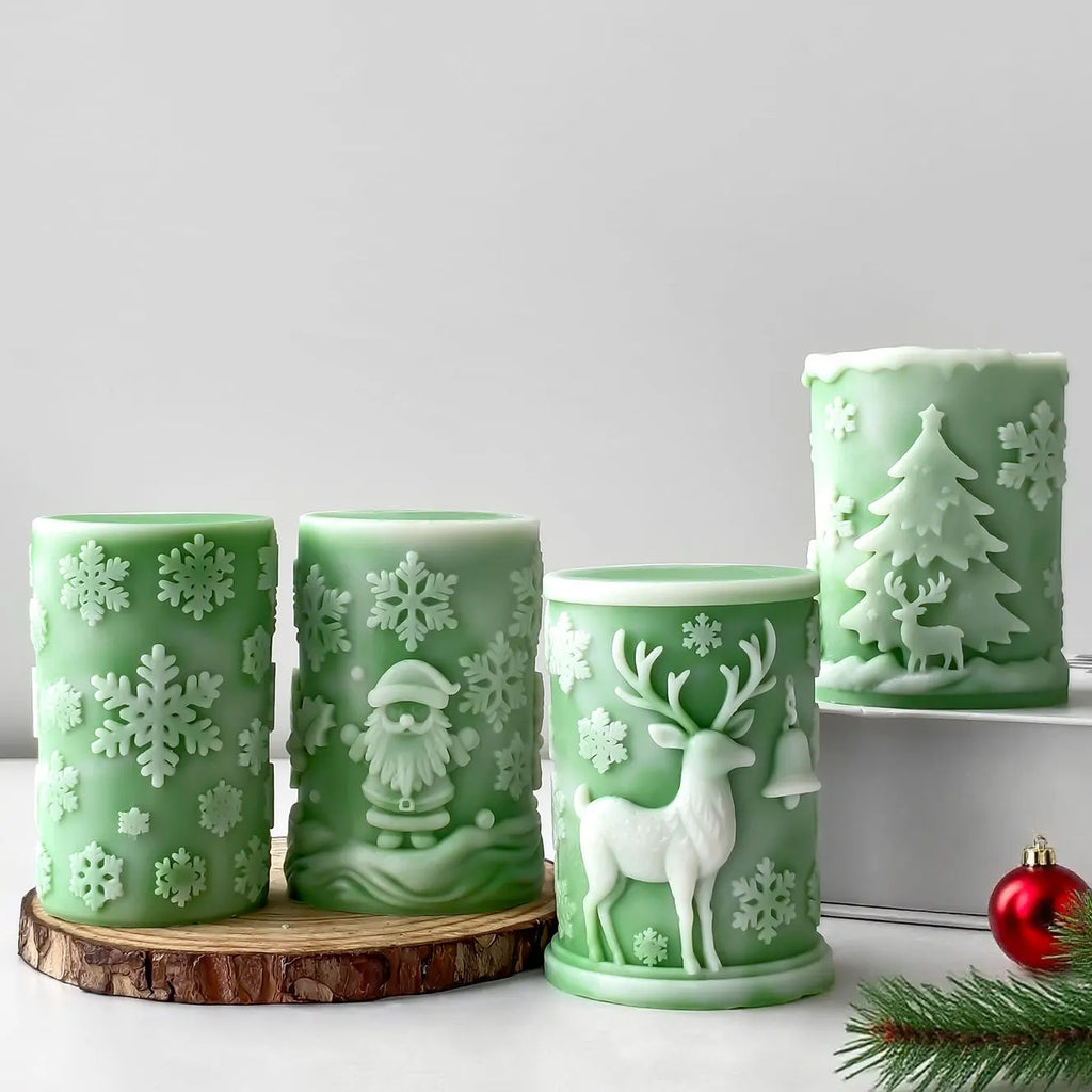 3D Relief Cylinder Christmas Snowflake Elk Silicone Candle Mold Christmas Tree Santa Aroma Plaster Mold Candle Making Supplies Oasis Select