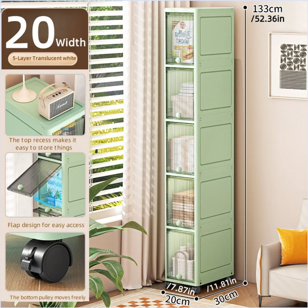 Slim Seam Cabinet Space-Saving Bookcase with Door Stackable Multi-Layer Rack Portable Movable Living Room Display Shelf Oasis Select White-5layer