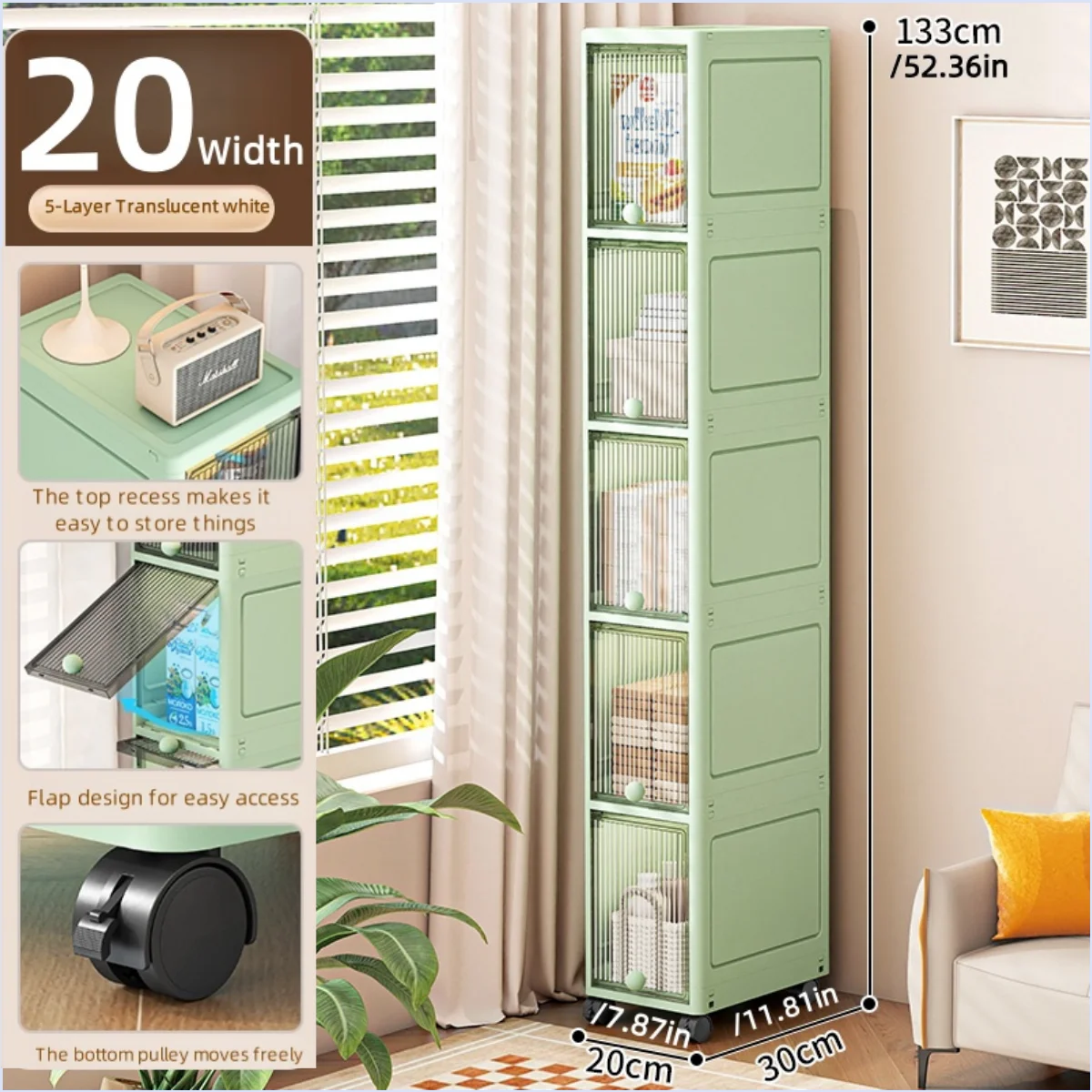 Slim Seam Cabinet Space-Saving Bookcase with Door Stackable Multi-Layer Rack Portable Movable Living Room Display Shelf Oasis Select White-5layer