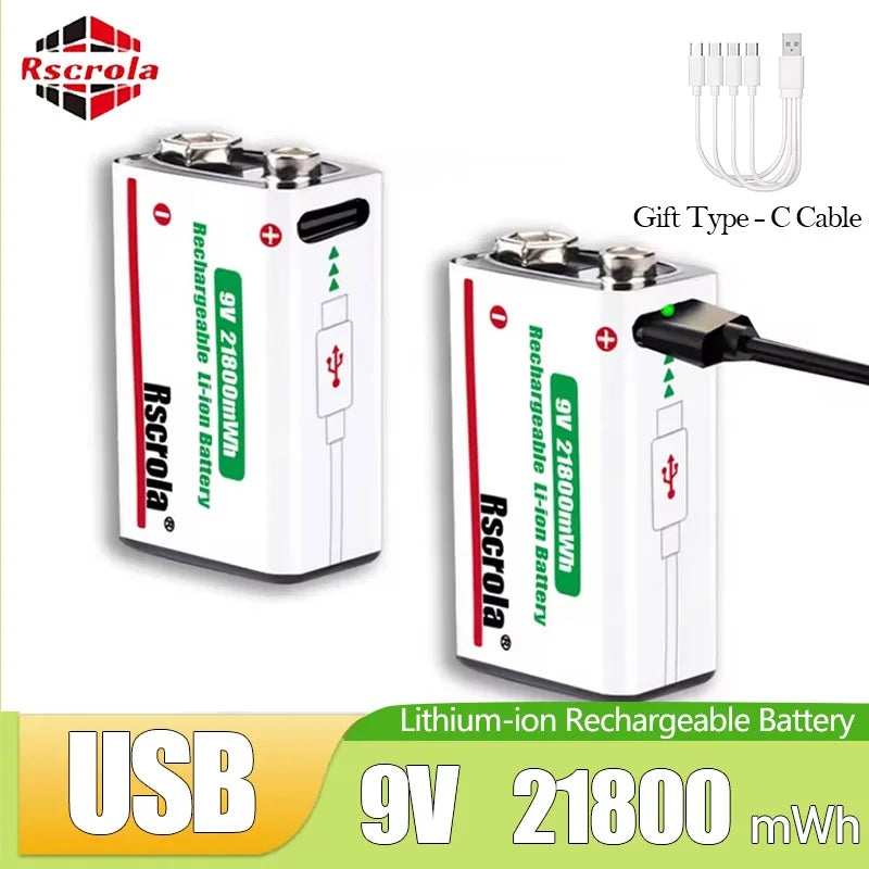 Rscrola USB 9V Rechargeable Battery 21800mWh USB Type-C Rechargeable 9V Li-ion Battery for RC Helicopeter Model Multimeter Toy Oasis Select