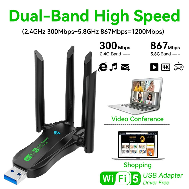 VAORLO 1200Mbps WiFi USB Adapter WiFi5 Dual Band 2.4G+5.8Ghz 4 Antenna Dongle USB3.0 High-Speed Wireless Card Receiver PC/Laptop Oasis Select