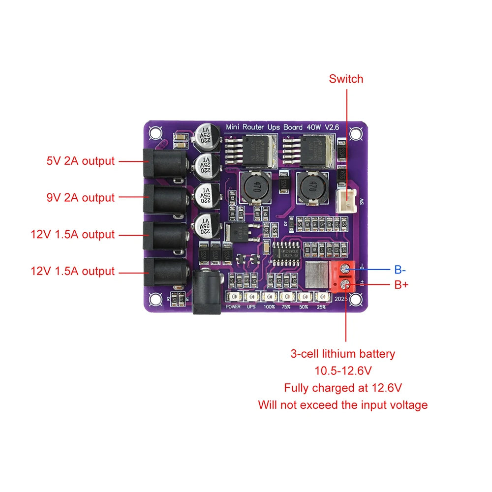 Mini Router Uninterruptible Power Supply Board 40W 12.6V Battery Charging Board 3S Lithium Battery Input 5V/9V/12V Output Oasis Select