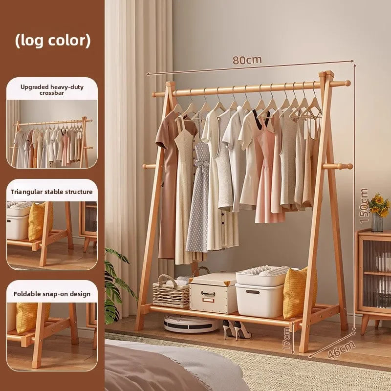 Solid wood coat rack household hanger floor-to-ceiling bedroom balcony drying clothes storage rack hanging bag rack Oasis Select Log color-80cm
