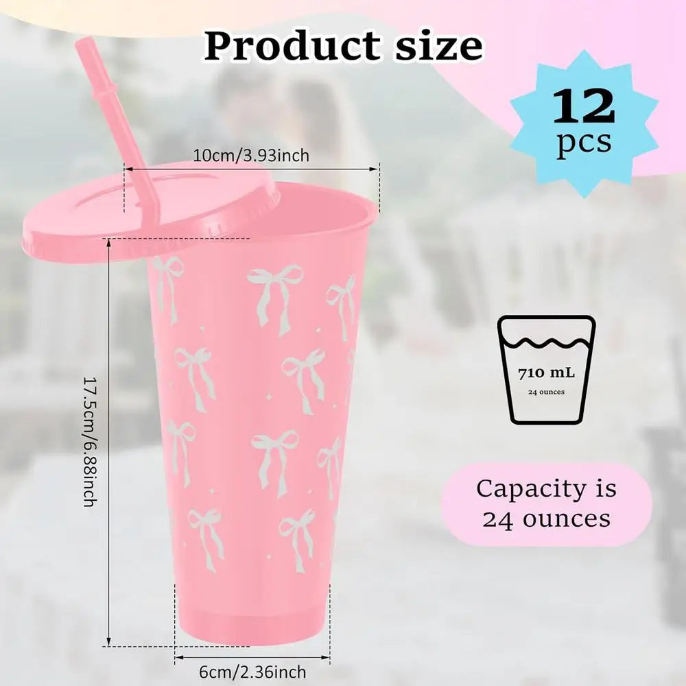 straw cup 12Pcs Reusable Party Cups with Straw Lid For Ice Coffee Juice Tea Cute Bowknot Plastic Cups Portable Drinking Cups Oasis Select Pinks 12Pcs