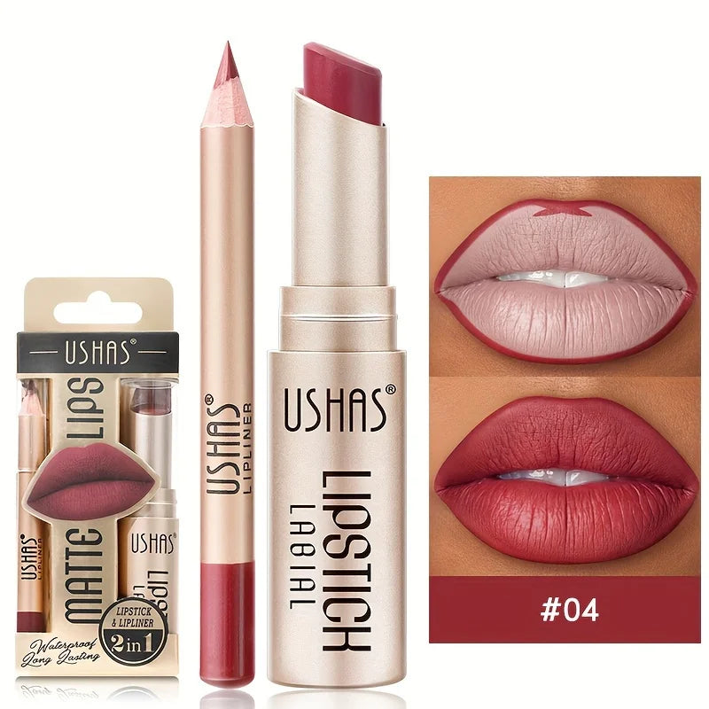 USHAS 12-Color Matte Lipstick & Lip Liner Set – Waterproof