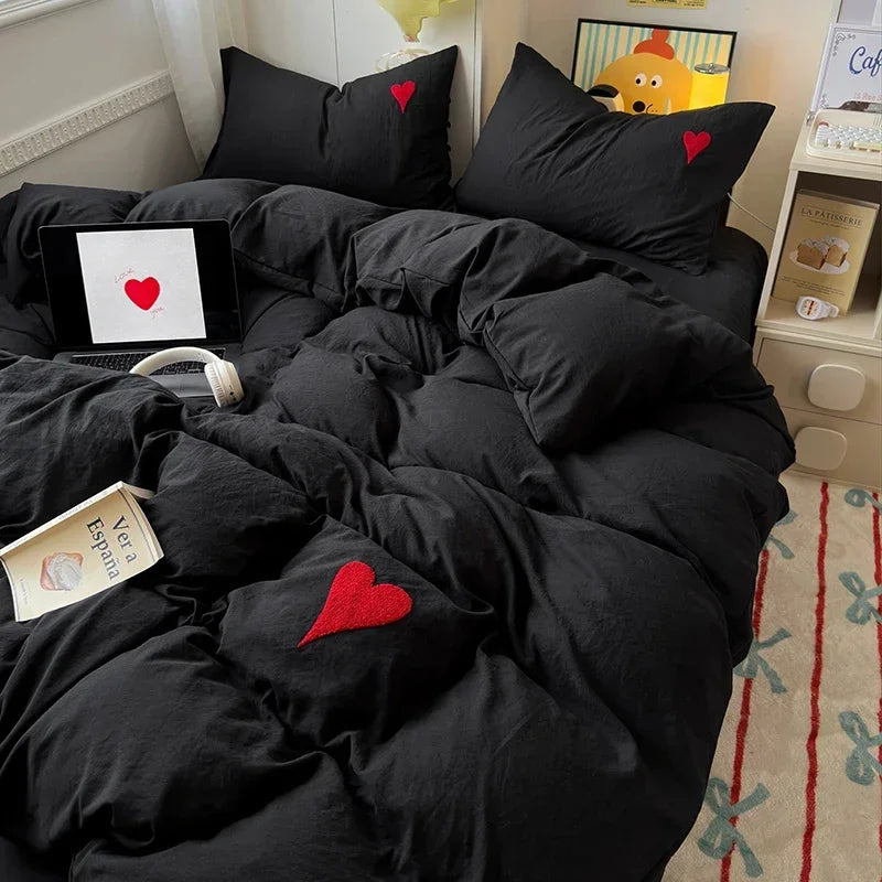 Washed Cotton Bedding Set Super Soft Cool Black Duvet Cover Set Heart-shaped Towel Bedding Skin Friendly Duvet Covers Bed Sheets Oasis Select Black 150x200 4pcs