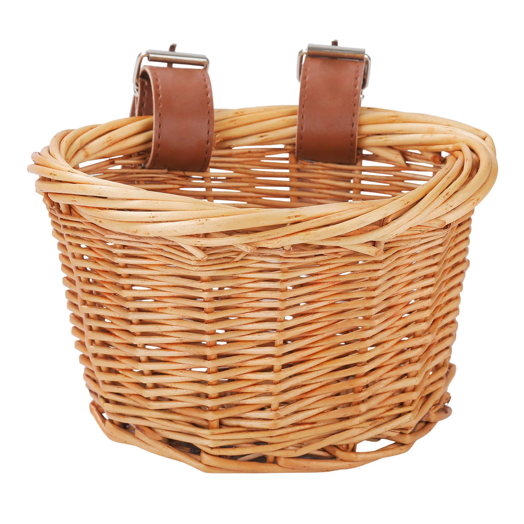 Kids Bike Basket Bicycle Wicker D-shaped Baskets Child Scooter Front Storage Basket With 2 Leather Strap For Cycling Accessories Oasis Select