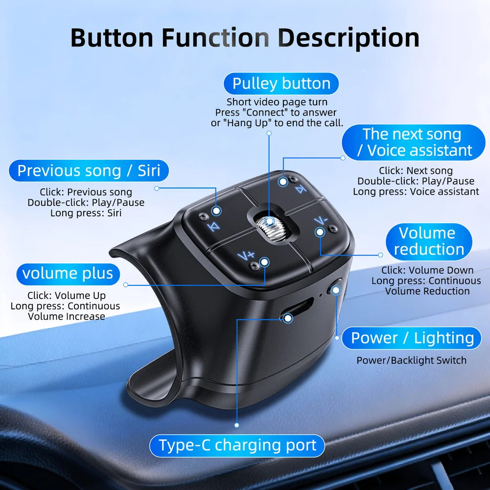 On-the-go Music Control Car Steering Remote Hands-free Control Hands-free Device Wide Device Compatibility Volume Adjustment Oasis Select