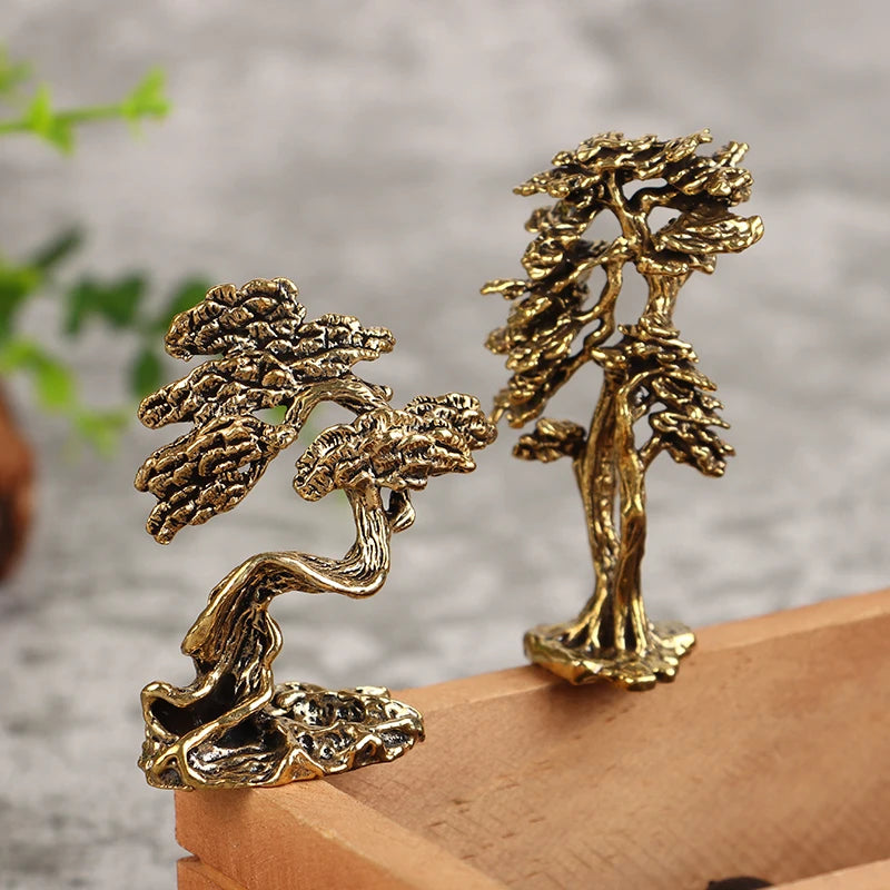 1Pc Brass Mini Welcome Pine Figurine Tree Miniature Landscape Small Bonsai Tree Statues Garden Decorations Accessories Oasis Select
