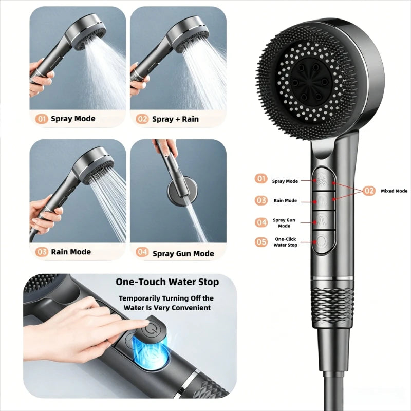 1pc Filtered Supercharged Shower Head Four-speed Adjustment With Water Seal Multi-functional Home Shower Bathroom Accessories Oasis Select