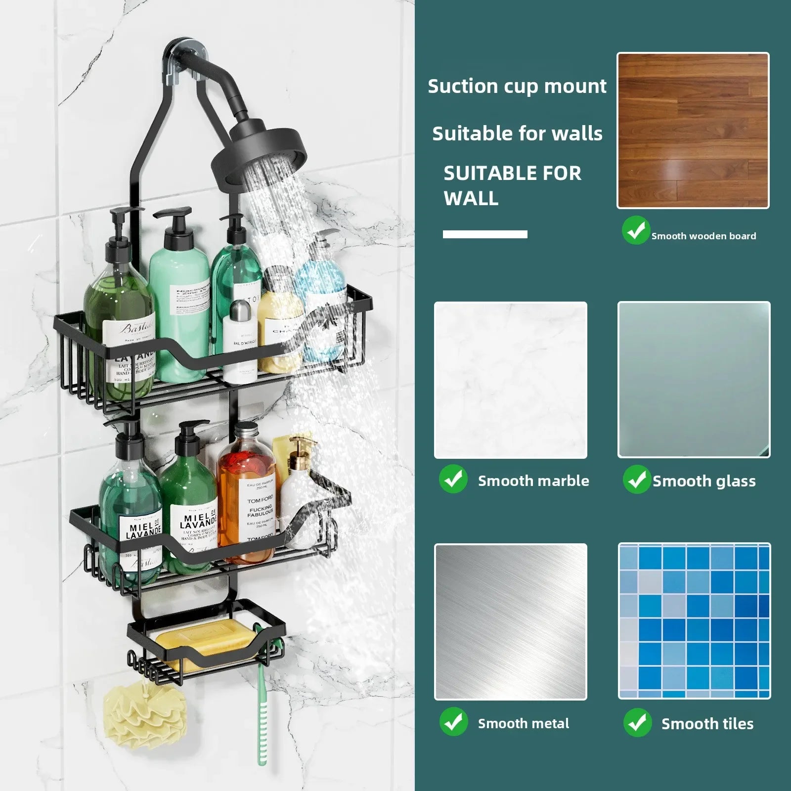 Wrought iron bathroom rack, rain head hanger, shampoo, shower gel rack, toilet storage. Oasis Select