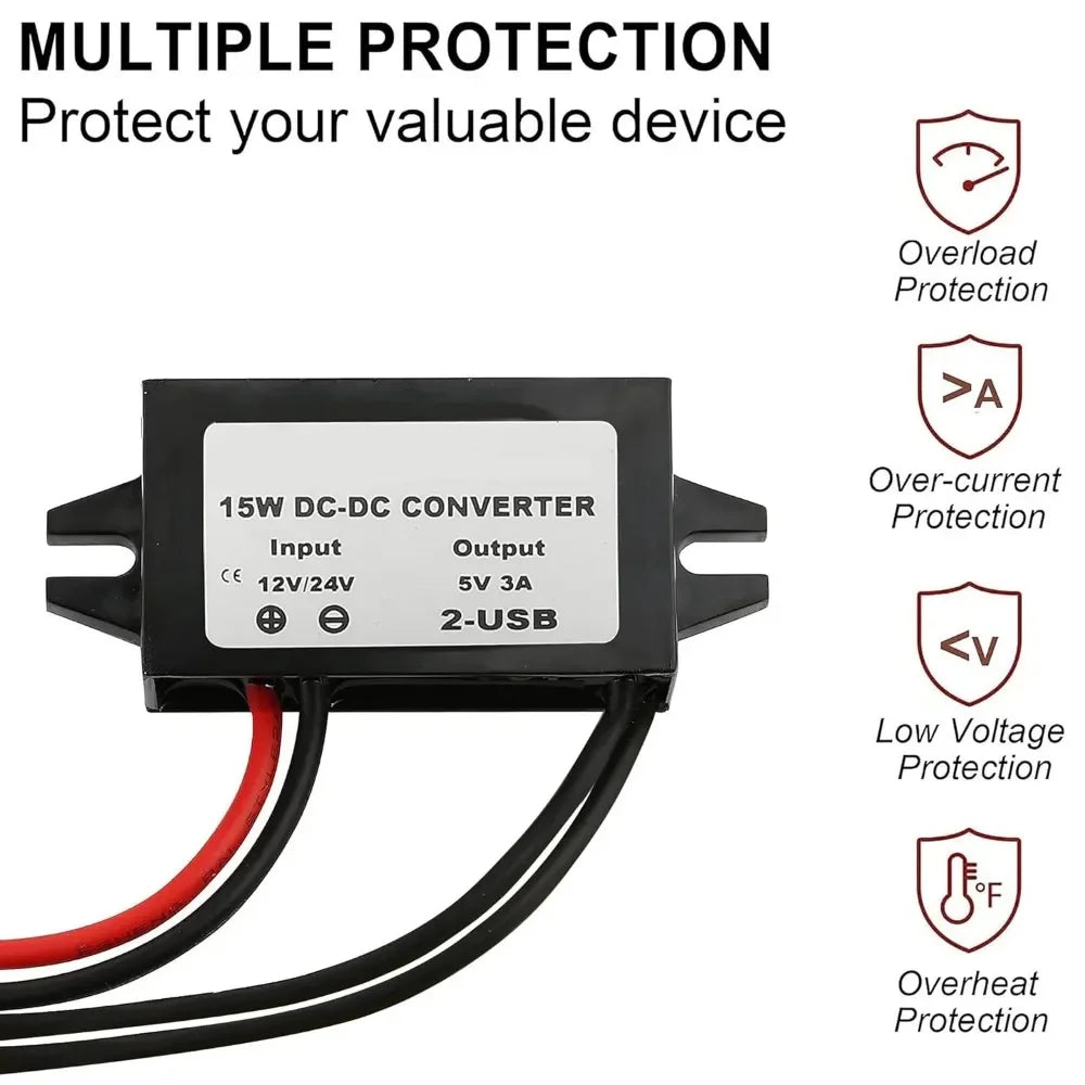 12V/24V to 5V 3A Power Adapter Converter DC-DC Step Down Module USB-A Female/Type C/dual USB/open Wire Connector Waterproof CE Oasis Select