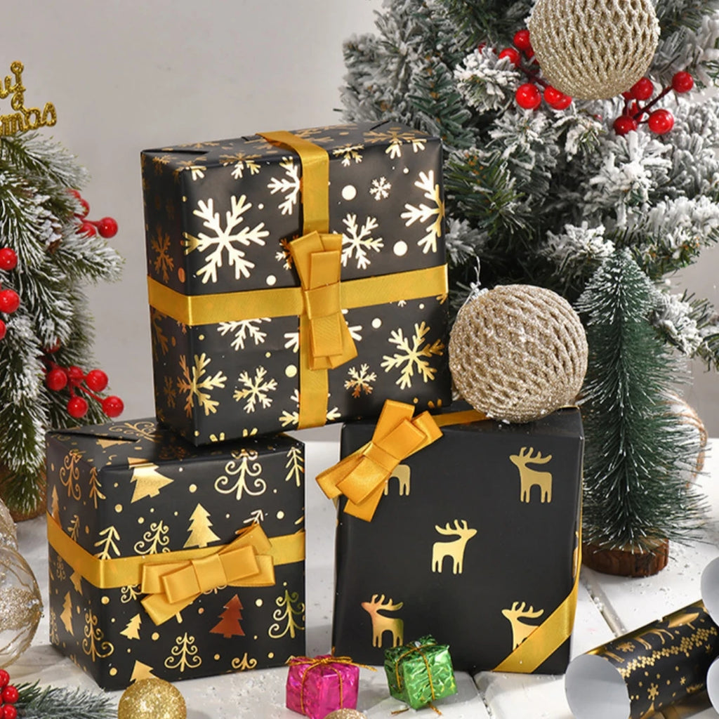Black and Gold Foil Christmas Wrapping Paper – Reindeer & Snowflake Design on Glossy Coated Sheets for Holiday Gifts Oasis Select