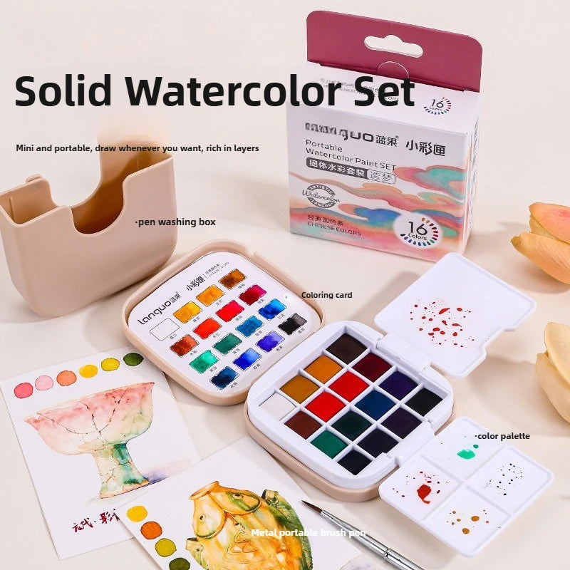 Travel Sketching Painting Kit Tool Watercolor Pigments Art Suppies 16Colors Mini Portable Solid Watercolor Paint Set with Brush Oasis Select