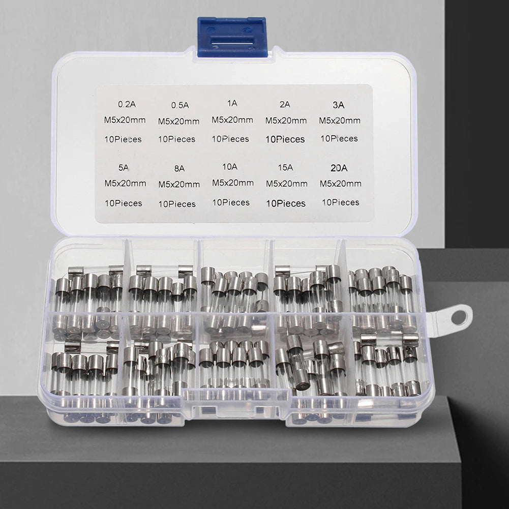 100-Piece Glass Tube Fuse Kit 0.2A–20A 250V Fast-Blow 5×20mm Glass Tube Fuse Kit Oasis Select spain