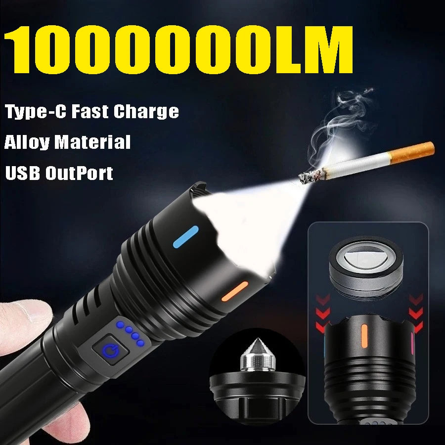100000LM Ultra Bright LED Flashlight Rechargeable with Flame Ignition&Window Breaker Tactic Torch for Outdoor Camping Adventure Oasis Select