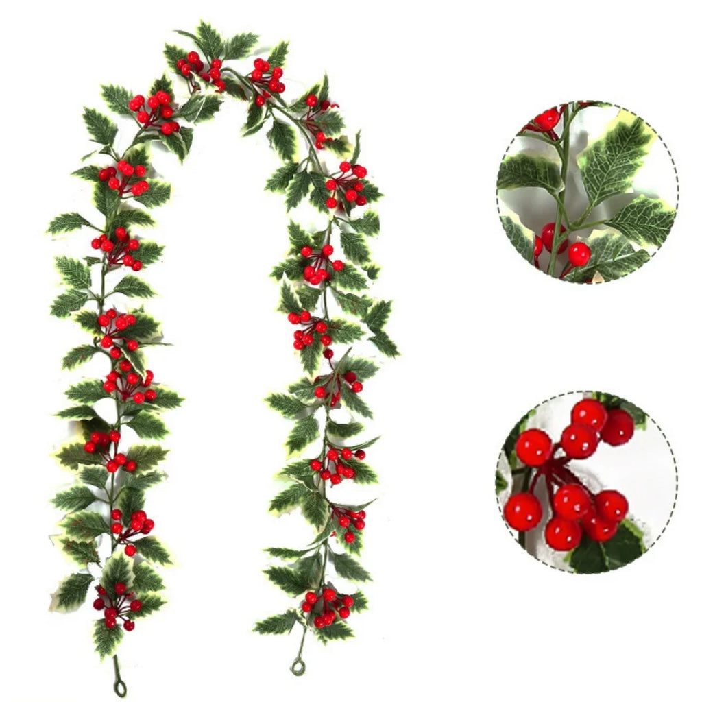 2M Christmas Garland String Light Artificial Red Berry Holly Leaves DIY Rattan Wreath For Xmas New Year Holiday Home Decoration Oasis Select Style 9