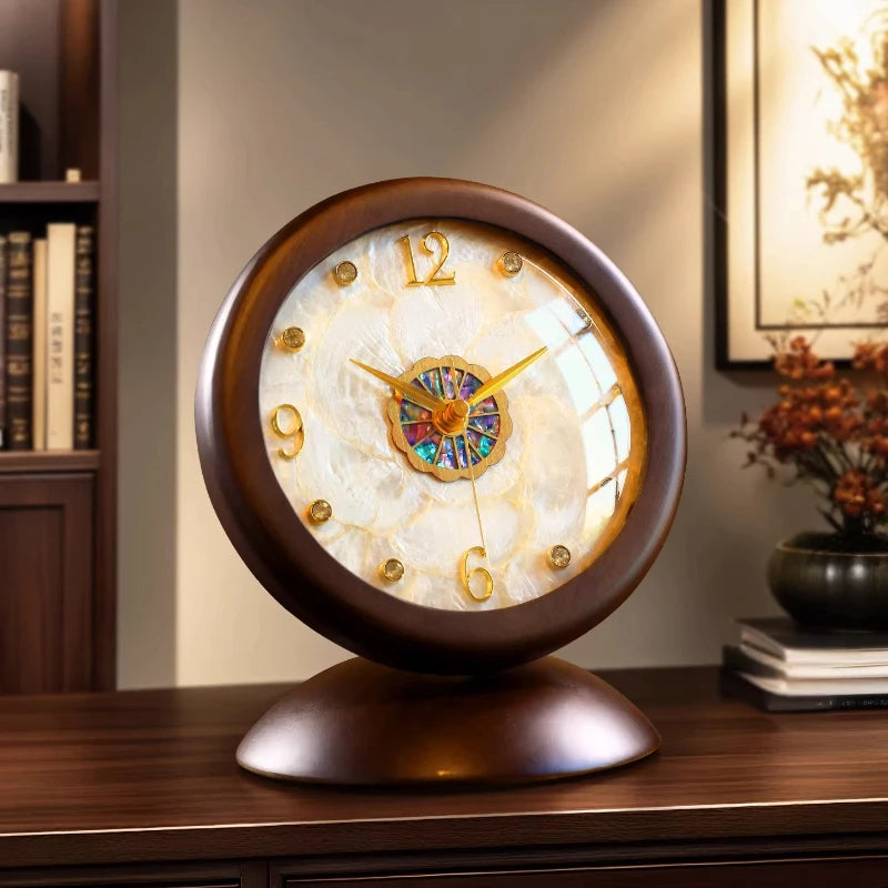 Solid Wood Shell Clock New Living Room Display Desktop Decoration Light Luxury High-end Desk Clock Retro Clock Oasis Select
